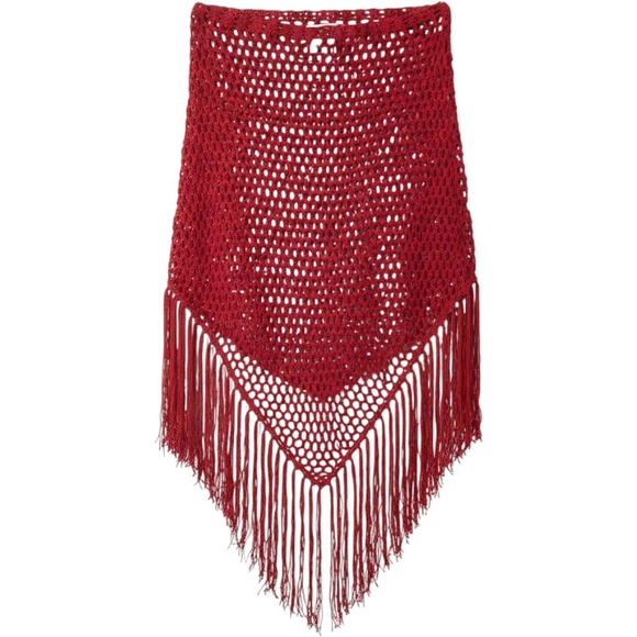 Faded Glory Other - Vintage Y2K Faded Glory Red Crochet Knit Fringe Poncho Shawl Boho Festival OS